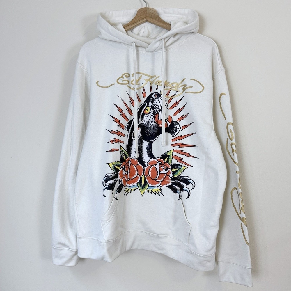 Ed Hardy Skull Tiger Rose Flower Y2k Cream White Hoodie - Large